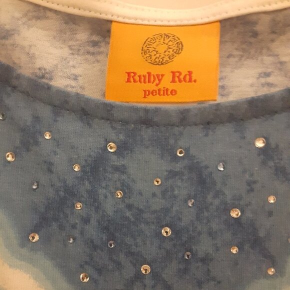 Ruby Rd. (PS) Blue & White Top w/Rhinestones on Scoop Neckline & Caplet Sleeves - Picture 2 of 5